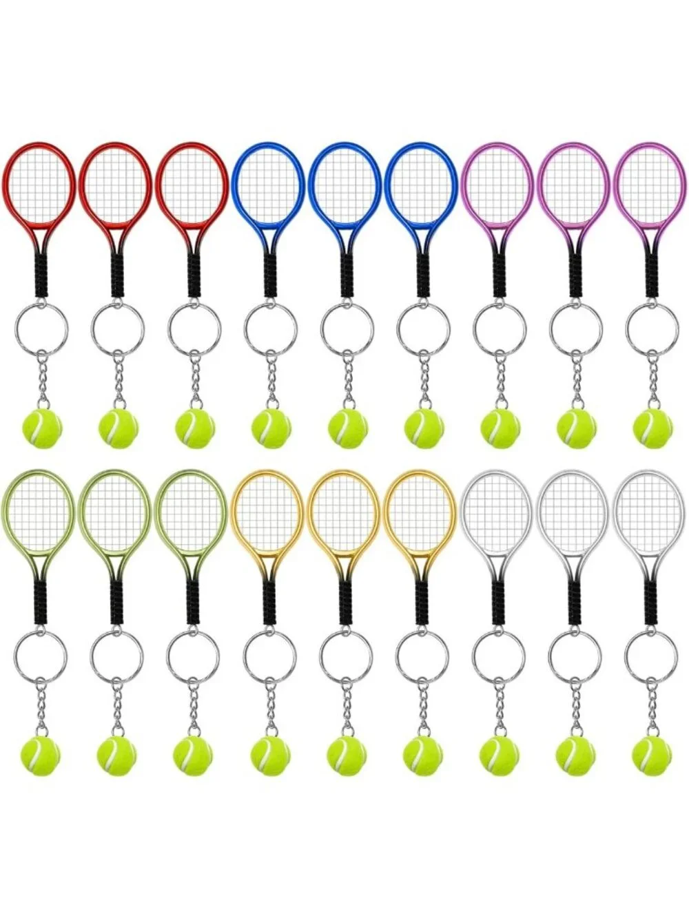 Mini Tennis Racket Keychain Set - 6 Color Alloy Split Rings for Sports Fans